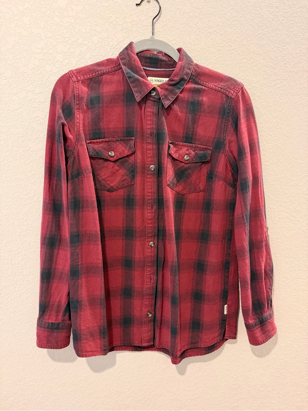 Magellan Outdoors Red and Black Plaid Button-Down Shirt